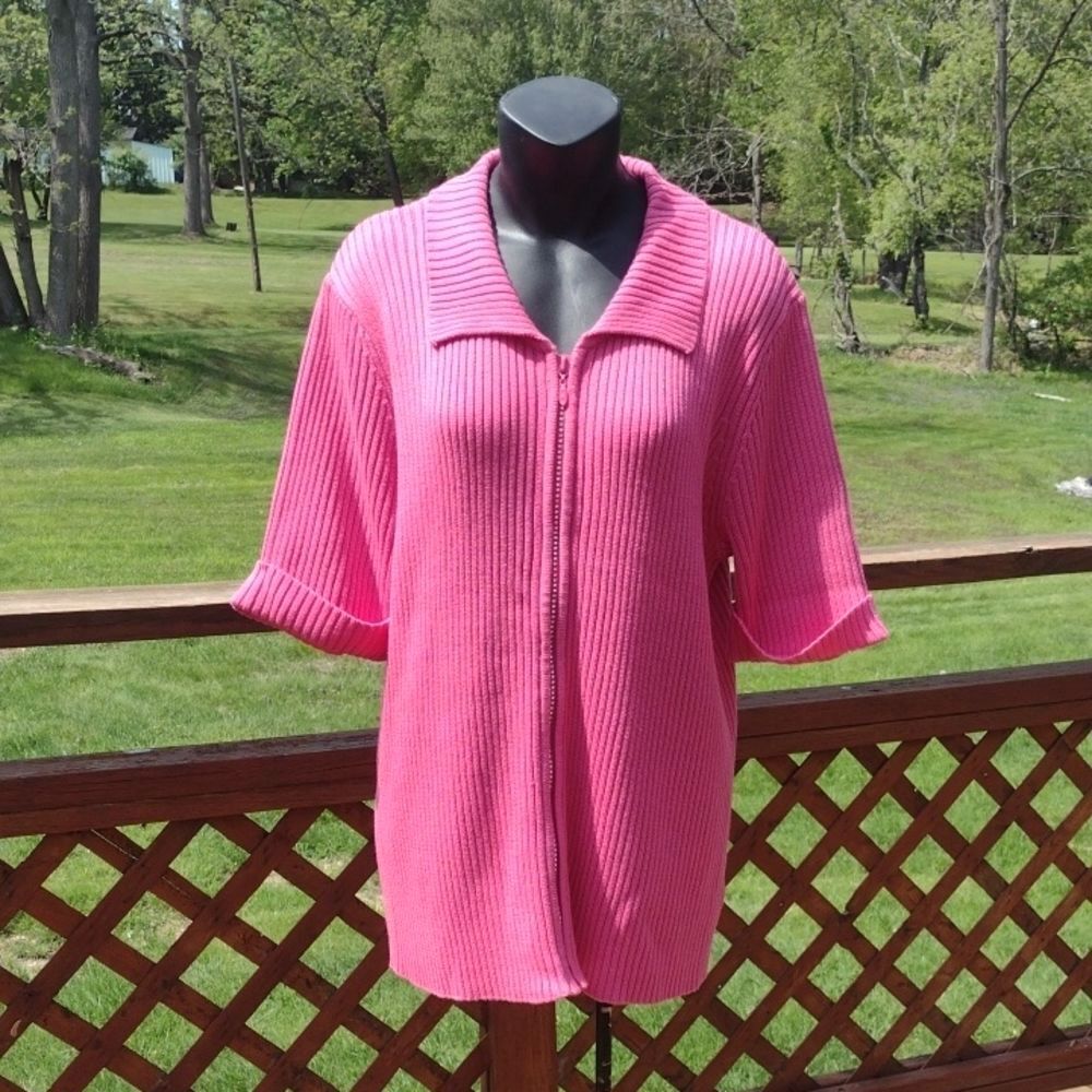 Quacker Factory Full Zip Short Sleeve Hot Pink Ribbed Cardigan Size Large
